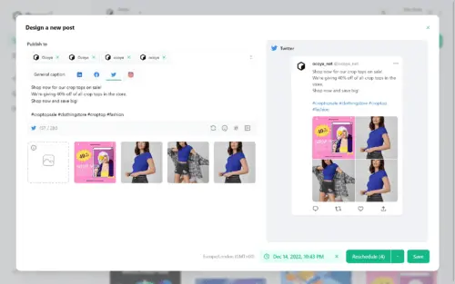 Social media scheduler showing scheduled posts for multiple platforms.
