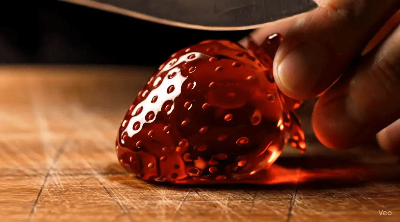 Sparkling crystal strawberry splashing into clear water for an ASMR video