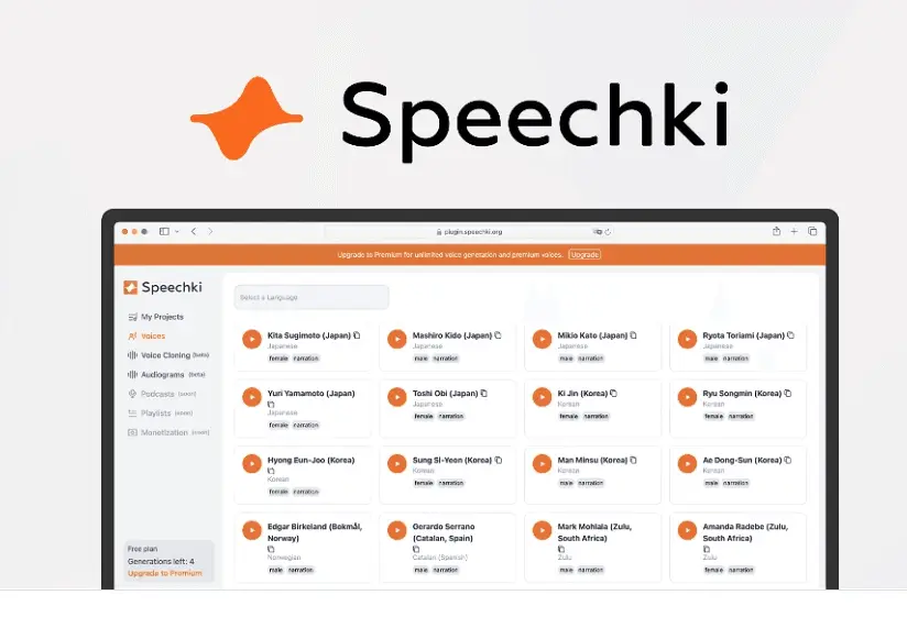 Speechki text-to-speech platform interface showing the main dashboard