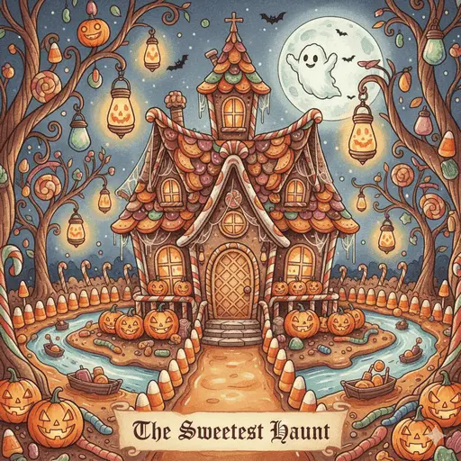 Spooky haunted mansion overflowing with colorful Halloween candy.