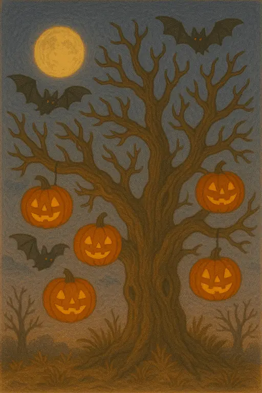 Spooky old tree decorated with glowing jack-o'-lanterns like jewels