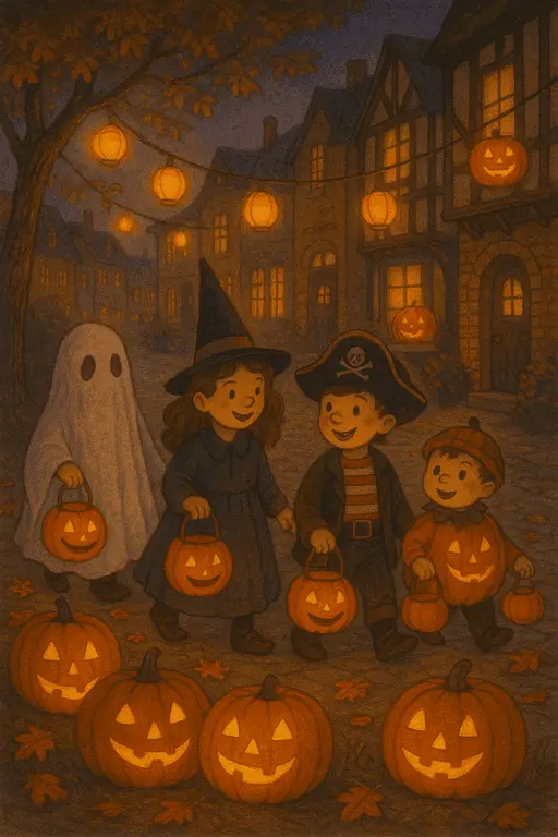 Spooky street glowing with magical lights and jack-o'-lanterns