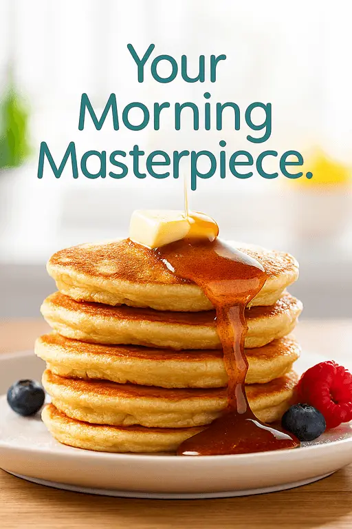 Stack of fluffy pancakes topped with syrup and fresh berries