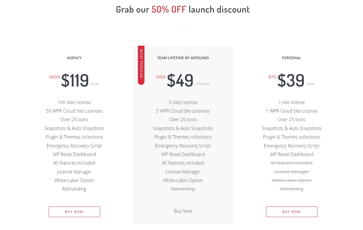 Standard yearly subscription pricing plans for the WP Reset plugin