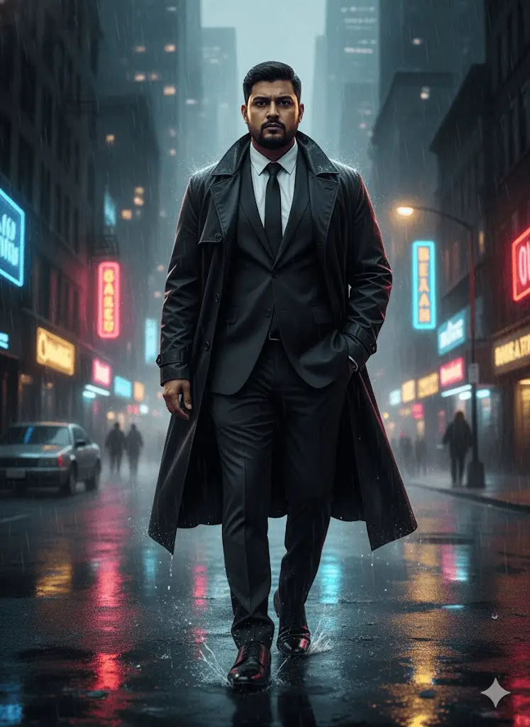 Stealthy agent navigating a rain-slicked neon cyberpunk city street