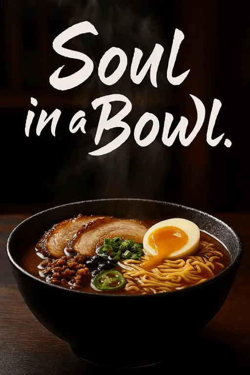 Steaming bowl of ramen noodles with soft-boiled egg and green onions.