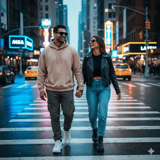 Stylish couple posing confidently in a modern urban street setting