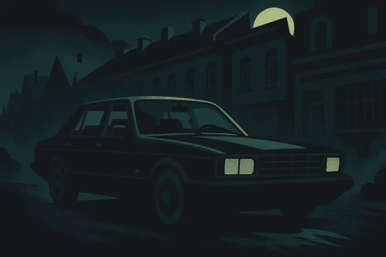 Stylish editorial art depiction of a damaged house and car