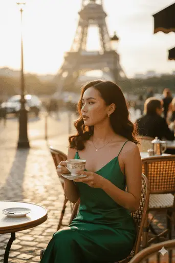 Stylish individual enjoying a croissant at a chic outdoor cafe