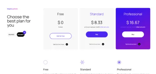 Table displaying the official subscription pricing plans for Uspacy
