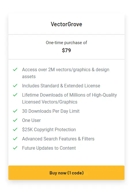 Table showing the AppSumo lifetime deal pricing tiers for VectorGrove.