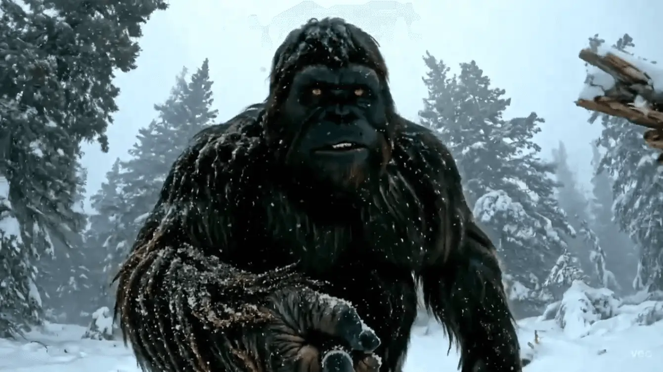 Towering legendary creature walking through a dense misty forest
