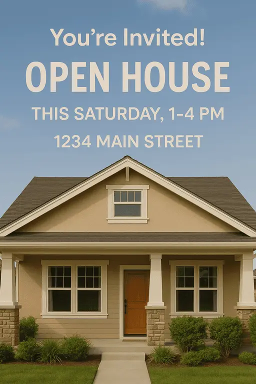 Trendy open house poster featuring a stylish contemporary home exterior