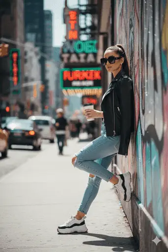 Trendy person holding a coffee cup while walking through the city