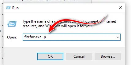 Type the Firefox profile manager command into the Run dialog box.