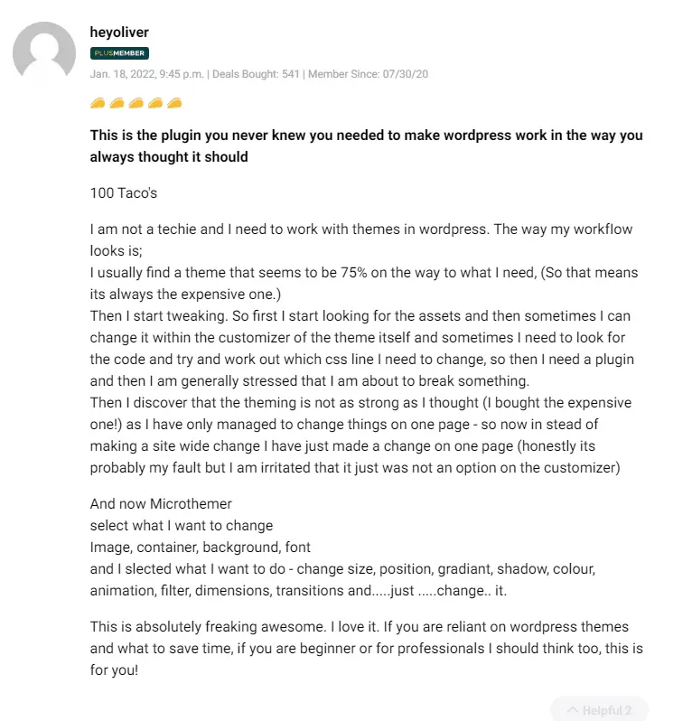 User feedback detailing time saved using Microthemer for design