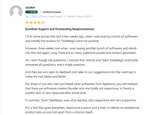 User feedback discussing the time-saving benefits of TaskMagic software