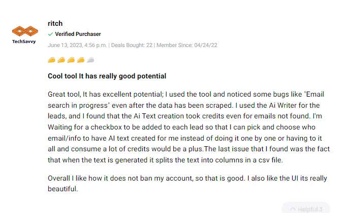 User feedback praising Scanlist email outreach capabilities.