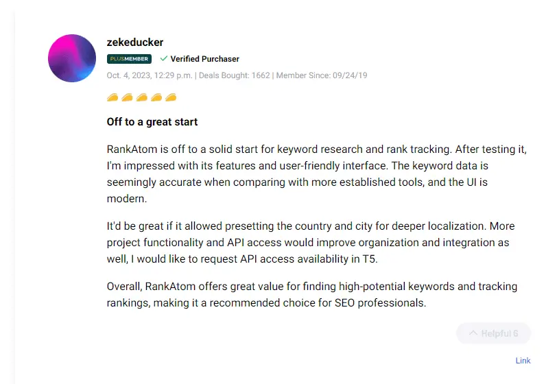 User feedback showcasing success stories using RankAtom SEO tool