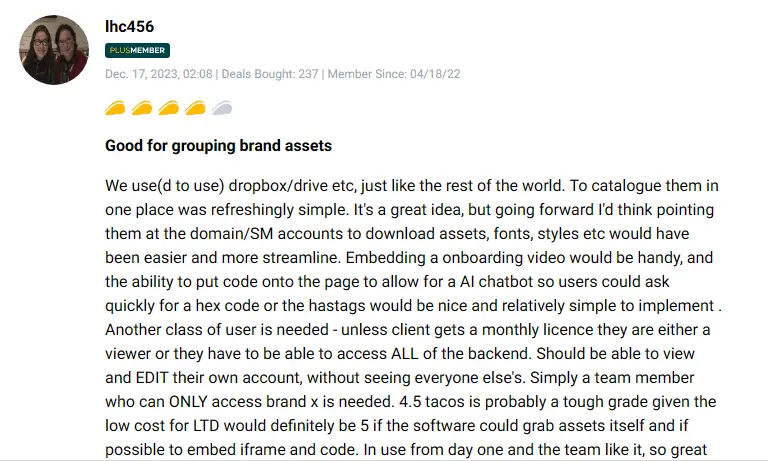 User review detailing the benefits of Ethos for team collaboration
