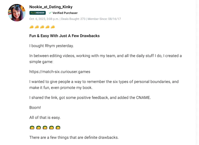 User review discussing increased engagement rates using Rhym lifetime deal.