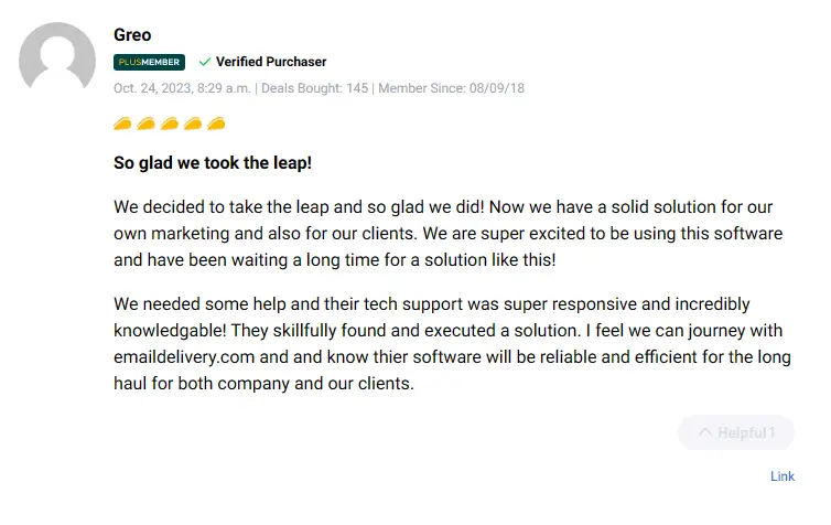 User review highlighting the benefits of EmailDelivery.com campaigns