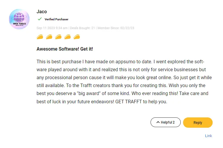 User review highlighting the benefits of Trafft booking.