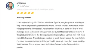 User review praising the efficiency of Ocoya content creation.