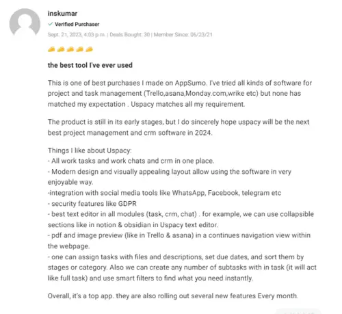 User reviews and ratings for the Uspacy deal on AppSumo