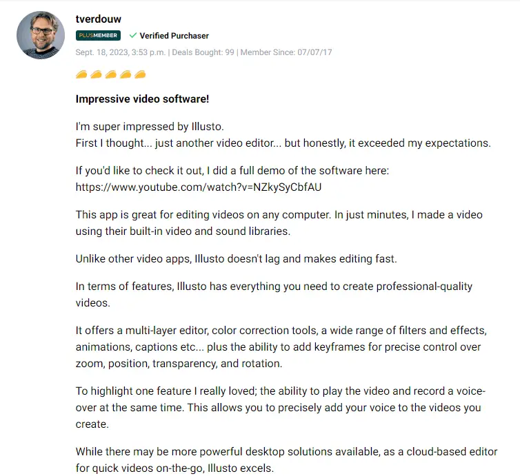 Verified purchaser review showcasing satisfaction with Illusto video editing software