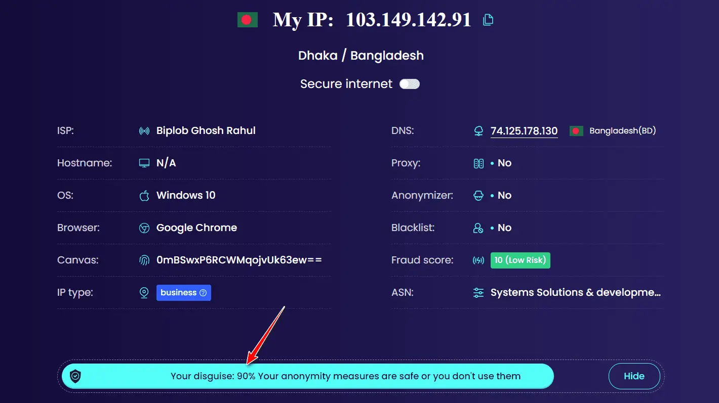 Verifying the online security score after enabling privacy protection tools