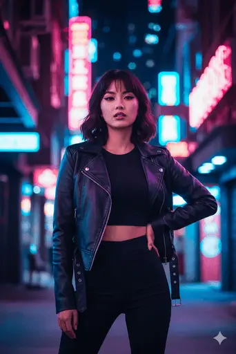 Vibrant city street scene illuminated by glowing neon signs