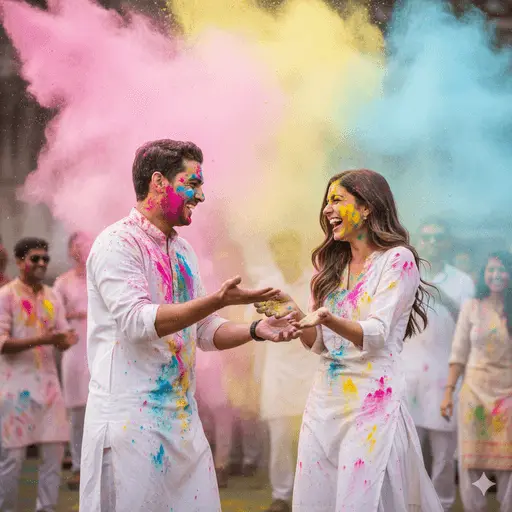 Vibrant couple surrounded by colorful smoke bombs in playful pose