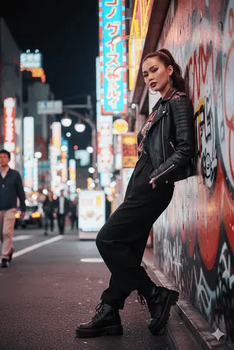 Vibrant neon lights reflecting on busy Tokyo streets at night