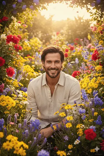 Vibrant portrait set in a colorful blooming garden full of flowers