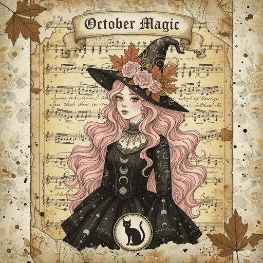 Vintage-style witch with pink hair and ornate black hat