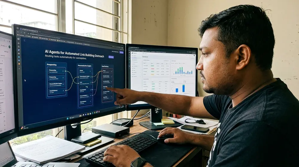 Visual dashboard depicting AI agents managing automated link building outreach workflows and email tracking.