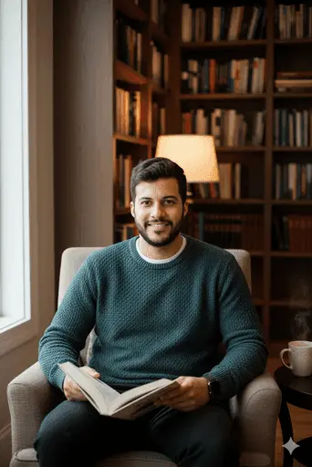 Warm and intellectual portrait evoking a trustworthy author aesthetic