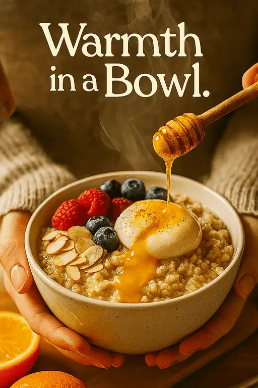 Warm oatmeal bowl topped with sliced bananas, nuts, and honey
