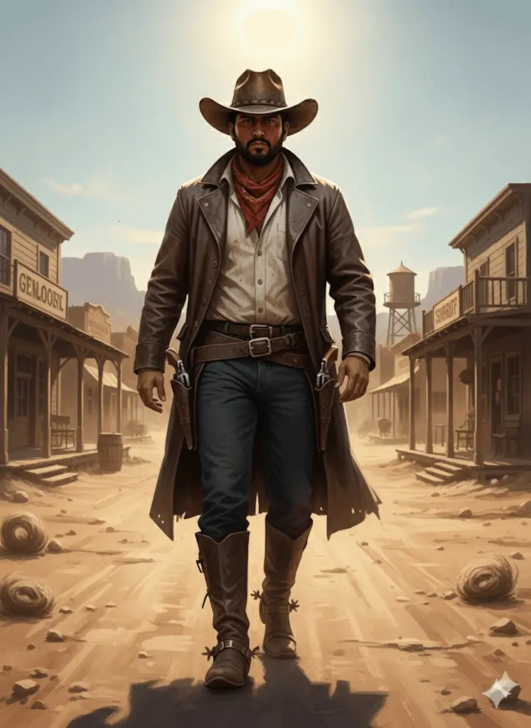 Western style portrait featuring a rugged cowboy in golden hour light.