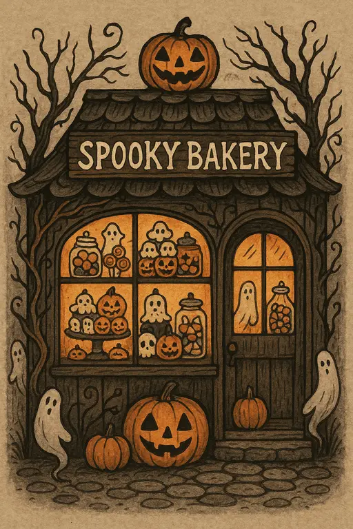 Whimsical bakery window filled with magical treats and glowing spells
