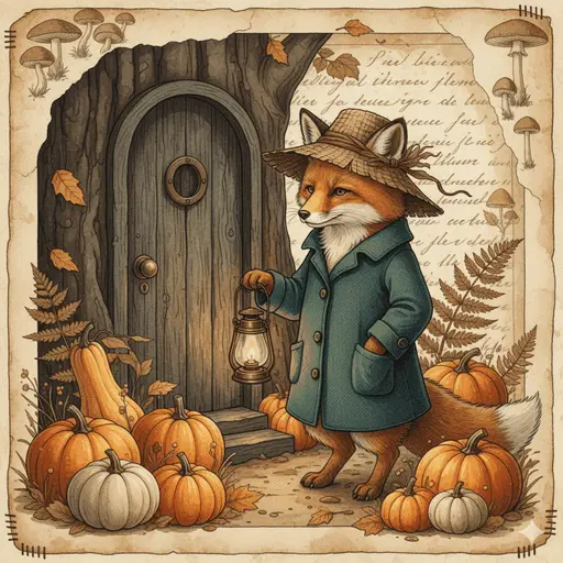 Whimsical fox holding a glowing lantern in the dark