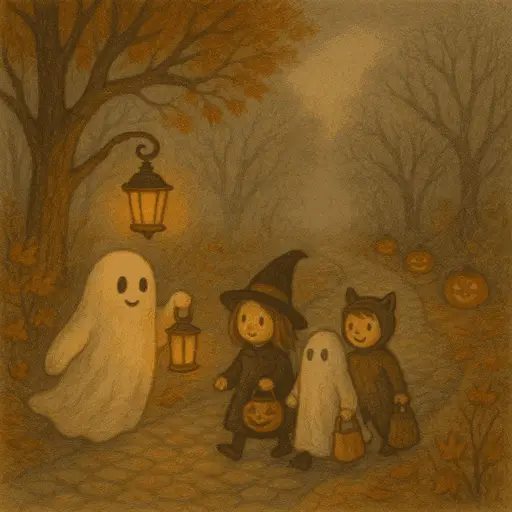 Whimsical ghost carrying a glowing lantern through the dark woods.