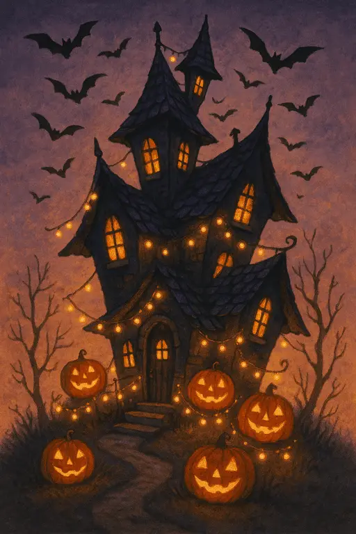 Whimsical haunted house leaning under a dark starry night sky