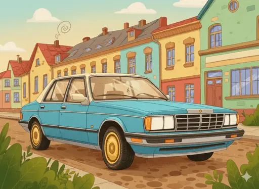 Whimsical storybook illustration of a damaged house and car