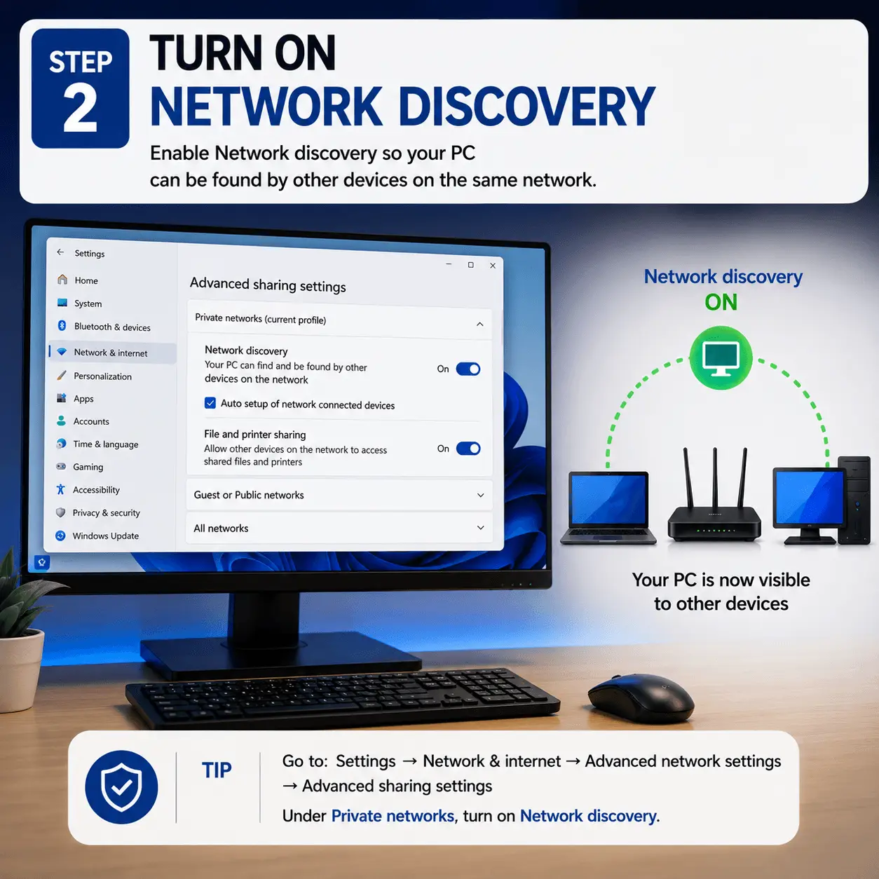 Windows Advanced sharing settings menu showing File and printer sharing toggle