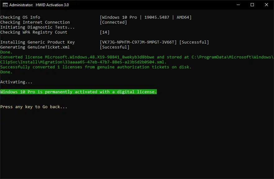 Windows permanent activation process using the HWID method.