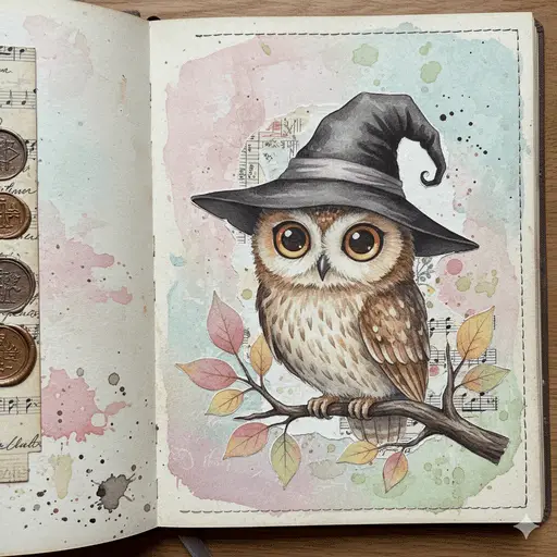 Wise owl wearing a witch hat perched on branches