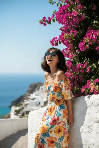 Woman in floral dress laughing against Mediterranean whitewashed wall