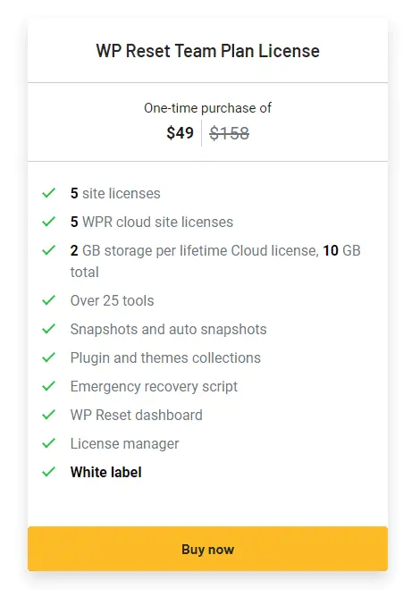 WP Reset lifetime deal pricing plans displayed on AppSumo website